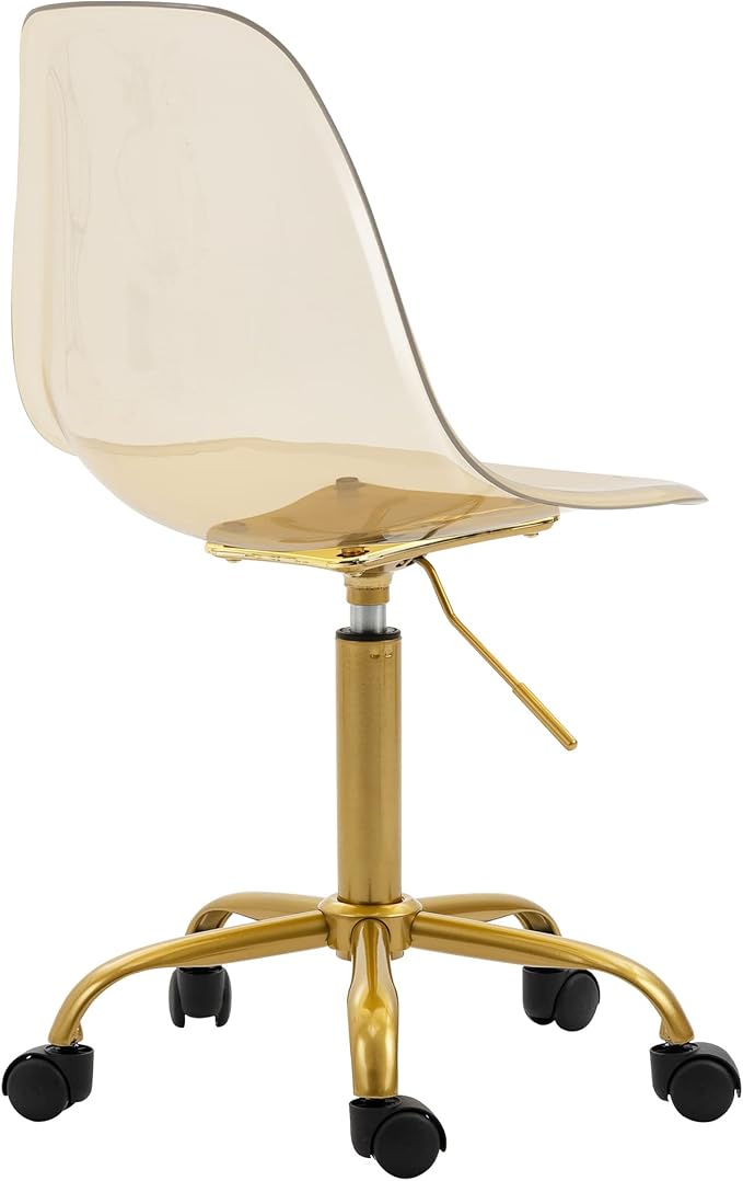 HOMEFUN Clear Rolling Chair, Armless Acrylic Desk Chair with Golden Feet Swivel Molded Plastic Shell Adjustable Home Office with Wheels