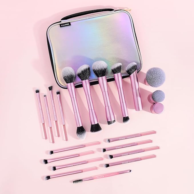 MAANGE 20 PCS Makeup Brush Set with Bag, Double-ended Kabuki Brush Foundation Contour Brush for Liquid Powder Concealer Eye Shadows Cream Cosmetics Blending Blush Face Makeup Tools with Case (Pink)