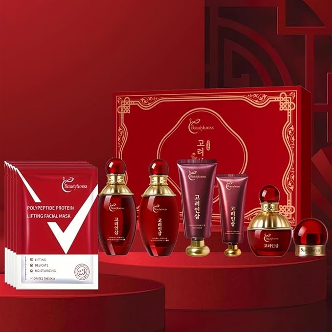Red Ginseng Skincare Set for Women, - Anti-Aging Facial Care Kit with Toner, Emulsion, Essence, Cream, Eye Cream, Cleanser & Facial Neck Masks – Hydrating Daily Skin Gift Set