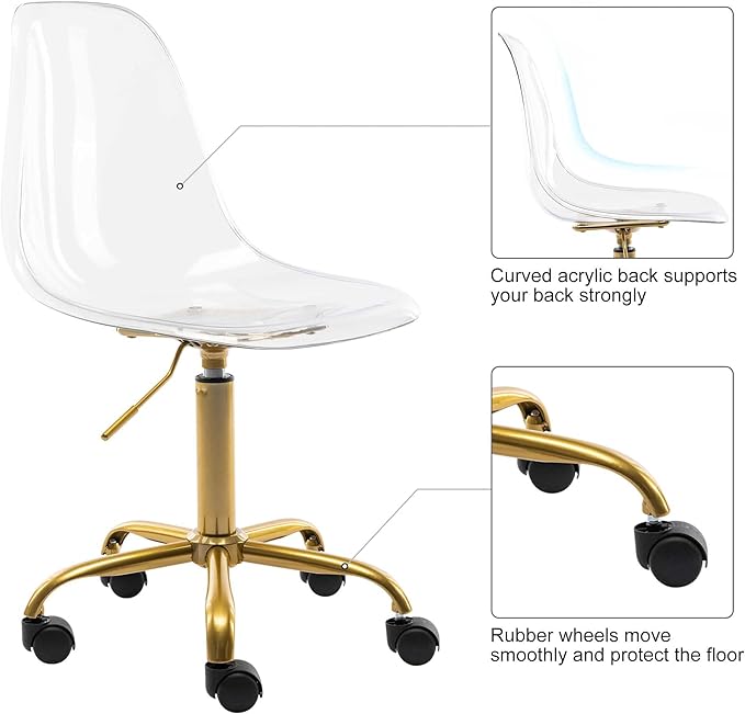 HOMEFUN Clear Desk Chair, Acrylic Rolling Armless Vanity Swivel Height Adjustable Ghost Molded Plastic Home Office Chairs with Golden Feet