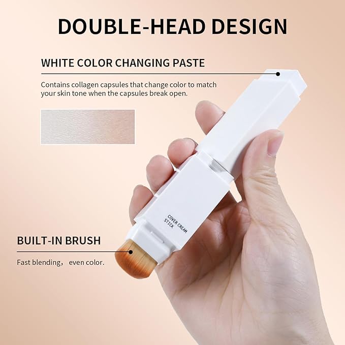 Cover Cream Stick, Matte Color-Changing Foundation Stick, Hydrating, Blur Pores Even Skin Tone, Medium to Full Coverage Dewy Finish Base Makeup, Dual-Ended with SoftBrush, #1