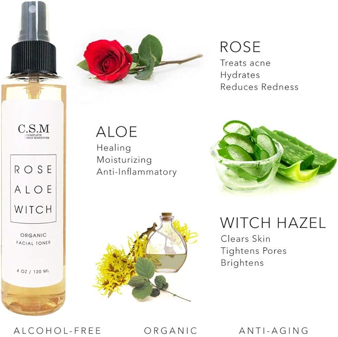 CSM Organic Alcohol-Free Witch Hazel Face Toner with Rose Water, Aloe Vera - Minimizes Pores, Soothes Skin for a Fresh, Clear Complexion - Easy Mist Spray - RAW Facial Toner - Made in The USA