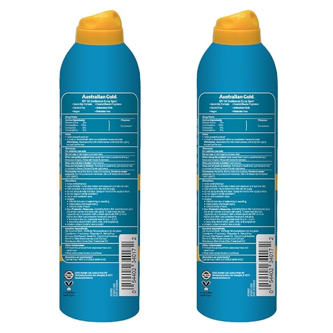 Australian Gold Extreme Sport Continuous Spray Sunscreen SPF 50, 6 Ounce - 2 Pack, Broad Spectrum, Sweat & Water Resistant, Non-Greasy, Vegan, PETA-Approved, Coastal Breeze Scent