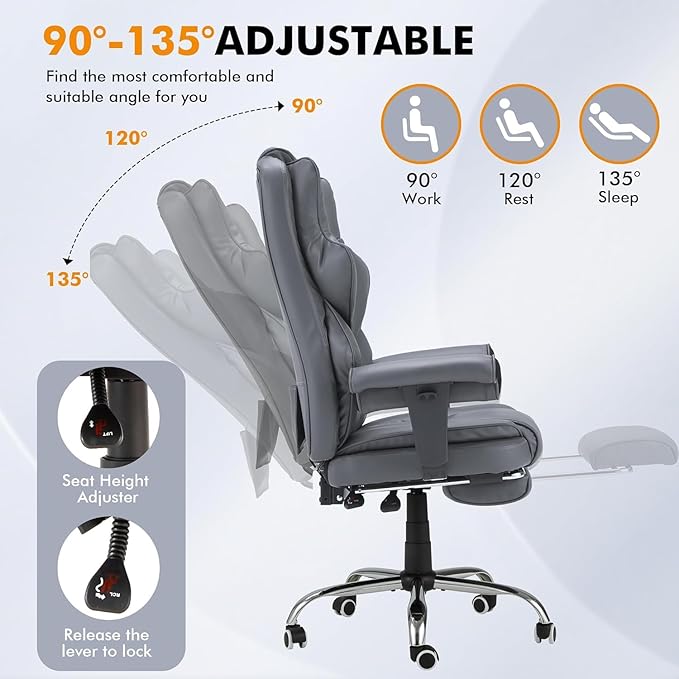 HOMREST 6-Point Massage Executive Chair, Ergonomic Heated Office Chair with Adjustable Backrest and Armrest, Home Office Desk Chairs with Retractable Footrest(‌SlateGray‌)