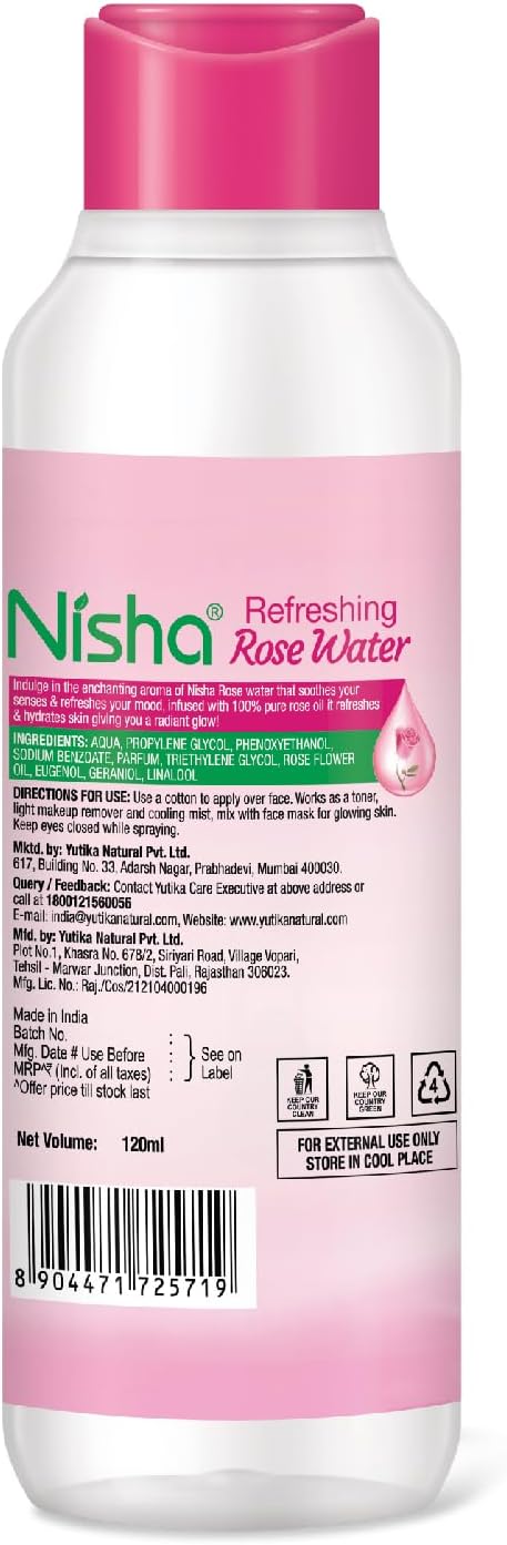 Nisha Refreshing Rose Water For Face 120ml | Gulab Jal For Face | Skin Toner For Glowing and Hydrating Skin | Pore Tightening | Balances pH | Makeup Remover| All Skin Type | Face Toner For Women & Men