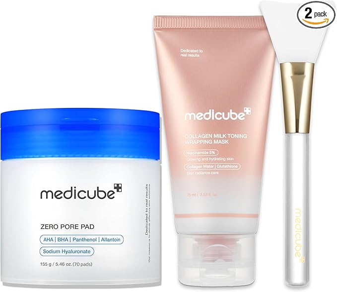 medicube Clarify-to-Glow Masking Set: Zero Pore Pad 2.0, Collagen Glazed Milky Daytime Wrapping Mask | for Exfoliation and Pore Care with LHA, BHA | Quick & Easy Glow Care for Plumped Skin