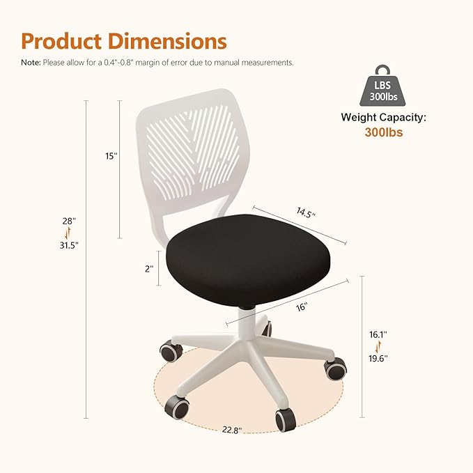 Armless Desk Chair Swivel Office Rolling Chair with Soft Padded Cushion, Height Adjustable Small Task Chair, Ergonomic Study Computer Chair for Kids Girls Boys Teens (Black White, 4PCS)