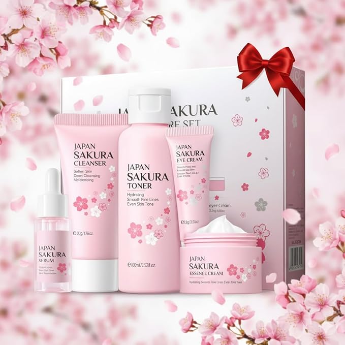 Sakura Skincare Set, Cherry Blossom Skin Care Sets & Kits, Skin Care for Girls 10-12, Including Cleanser, Toner, Serum, Eye Cream, Facial Cream, Travel Size Skincare Set for Women Girls
