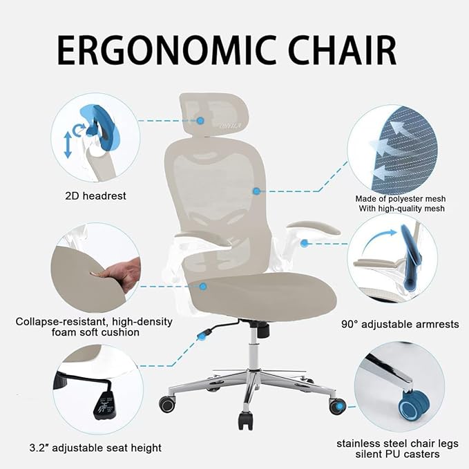 Office Chair, Ergonomic Breathable Mesh Chair,Flip-Up Arms and Adjustable High Back Lumbar Support,Comfy Computer Chair for Home Office (Beige, 407)
