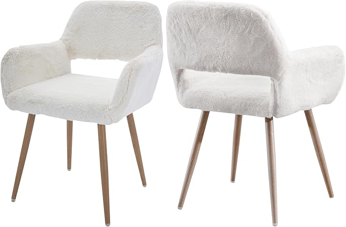 Furry Desk Chair Set of 2, Modern Home Office Chair Without Wheels, Faux Fur Vanity Chair with Hollow Backrest, Comfy Armchair Wood Frame with Strudy Metal Legs, White
