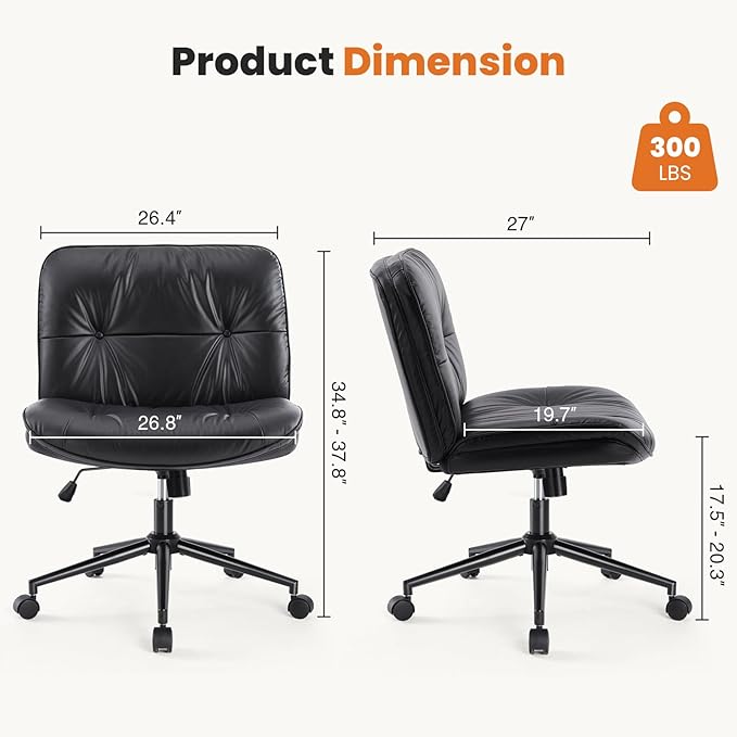 Sweetcrispy Armless-Office Desk Chair with Wheels, Cross Legged Wide Chair, PU Leather Comfortable Adjustable Swivel Computer Task Chairs for Home,Office,Make Up,Small Space,Bed Room Black