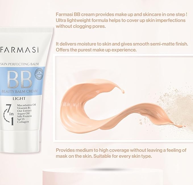 FARMASi BB Cream Beauty Balm, Tinted Moisturizer with SPF 15, Lightweight Matte Finish, Buildable Coverage Face Makeup, 1.7 fl oz, 01 Light