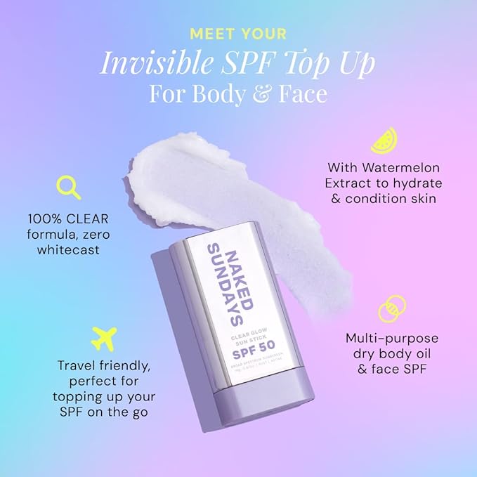 Naked Sundays Clear Glow Sun Stick SPF 50 – Invisible Clear Sunscreen Stick for Face & Body – No White Cast, Fragrance-Free, Broad Spectrum – Dry Oil Formula, Travel-Friendly, 19g