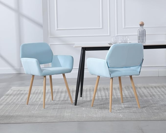 KCC Small Modern Dining Room Arm Chairs Set of 4, Mid-Century Upholstered Velvet Side Seat Club Guest with Metal Tube Legs for Kitchen, Living Room, Blue