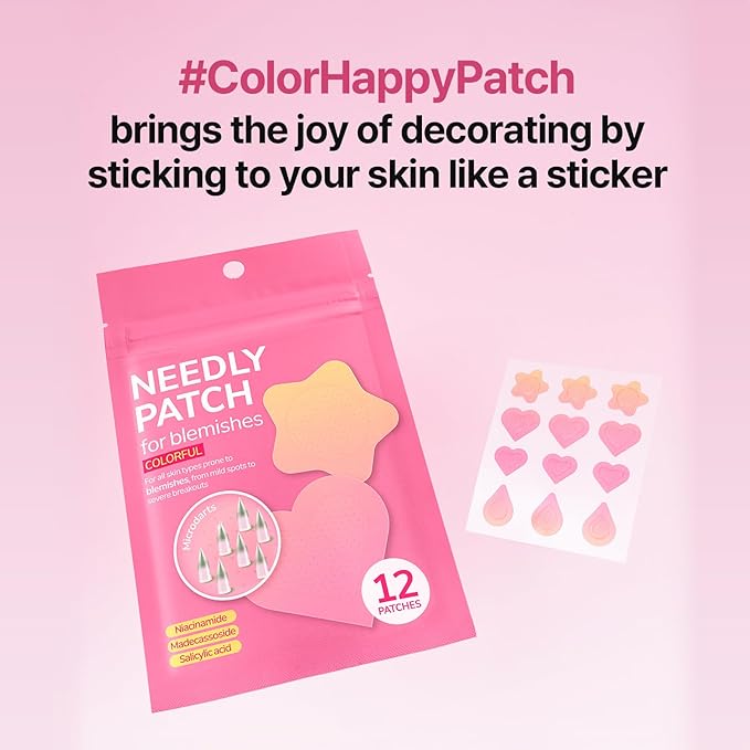 NEEDLY Patch for Blemishes Colorful, 12 Patches | Hydrocolloid Microdart Pimple Patch, Cute Star, Heart & Teardrop Micropoint Acne Patch for Early-Stage Zits and Deep Pimples, Korean Skin Care