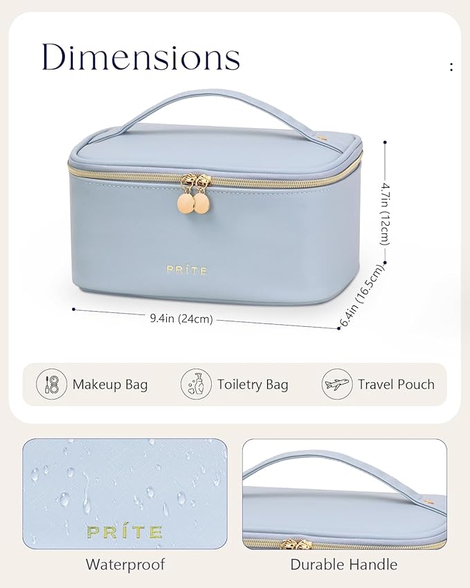 Prite Makeup Bag, Large Capacity Portable Travel Cosmetic Bag, Waterproof Makeup Organizer for Women with Handle and Divider (001 Blue)