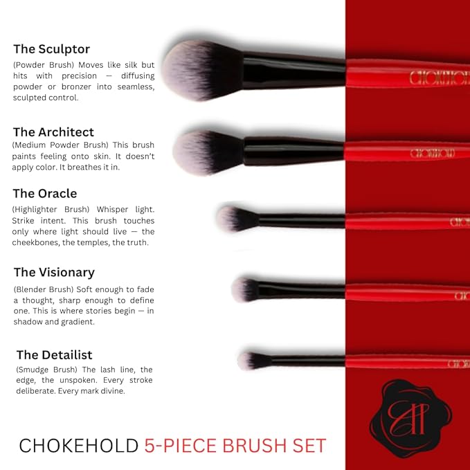 Professional Makeup Brush Set, 5-Piece, Ombre Bristles, Vegan, Red-Black Handle with Gold Branding