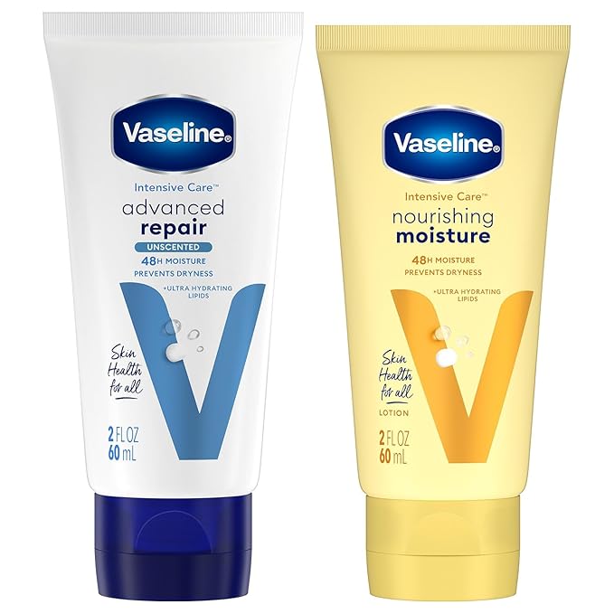 Vaseline Intensive Care Lotion Bundle – Advanced Repair Unscented Formula and Nourishing Moisture Hand and Body for Extremely Dry Skin, 2 OZ Ea (2 Piece Set)