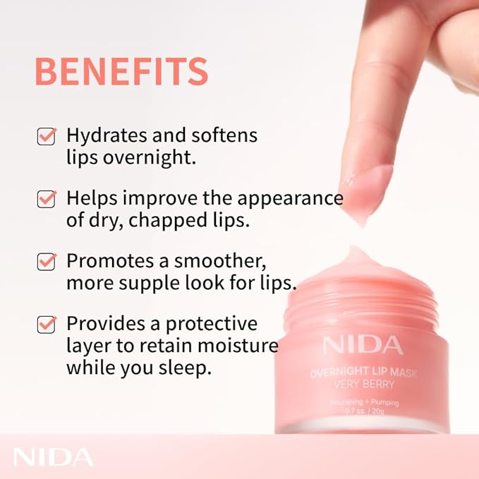 NIDA Overnight Lip Mask - Very Berry | Intense Hydration & Plumping Sleeping Mask for Dry, Chapped Lips | 0.7 oz., 20g