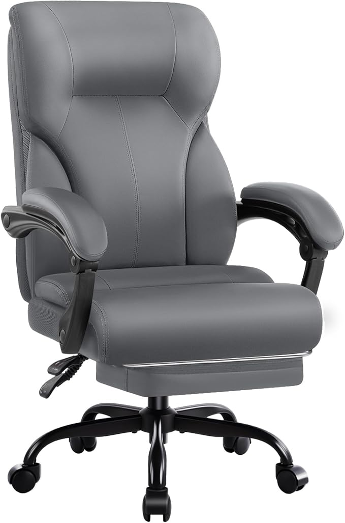 Executive Office Chair,High Back Ergonomic Comfy Desk Chair with Footrest and Padded Linkage Armrests,PU Leather Heavy Duty Computer Swivel Rolling Task Chair for Home Office,Adults,Gray