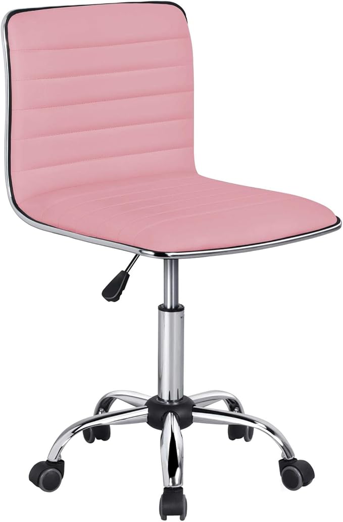 Yaheetech Pink Low Back PU Leather Ribbed Armless Office Chair, Ergonomic Swivel Task Chair with Wheels for Women