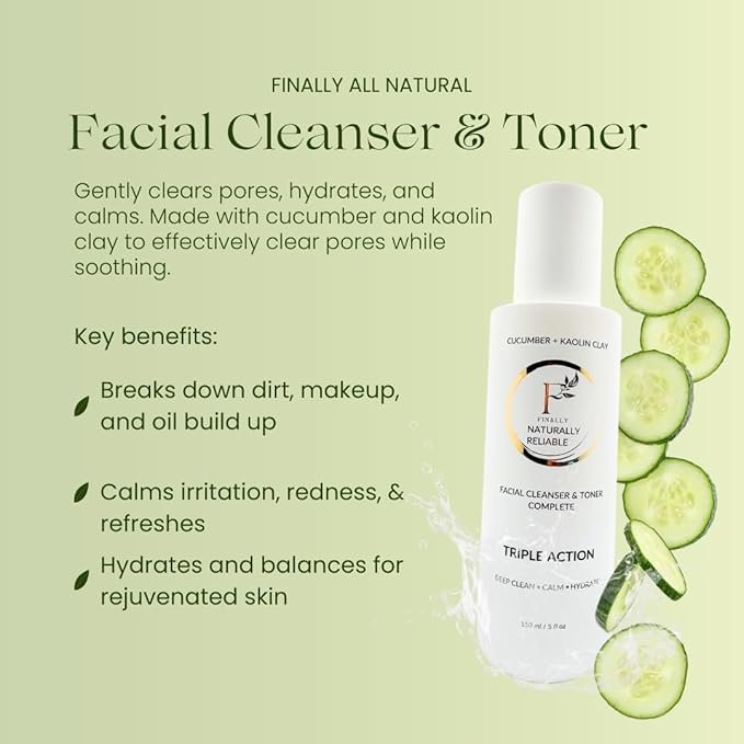 Finally All Natural Dual Action Face Wash & Toner, Cucumber Kaolin Clay, Natural Cleanser with Bakuchiol, 5 FL OZ, for All Skin Types. Face Wash for Women & Men