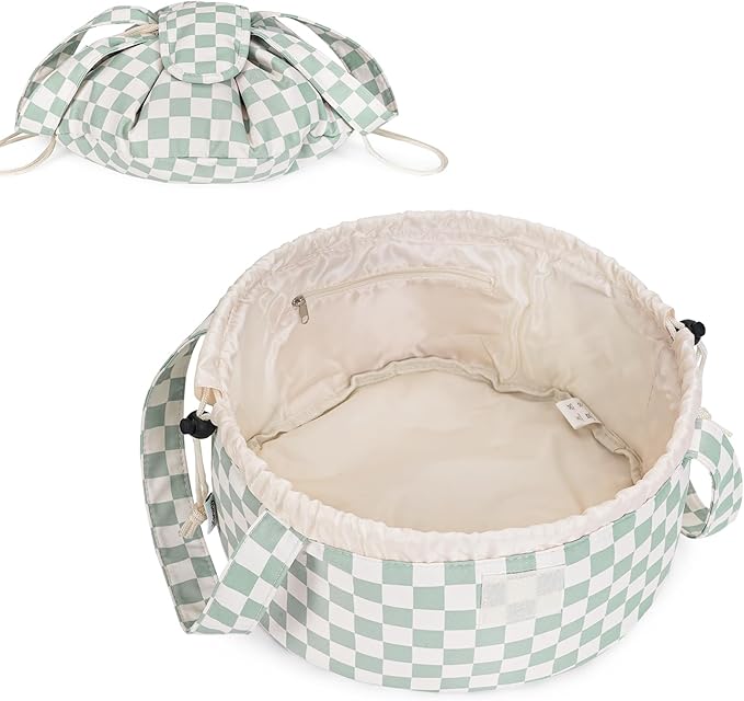 Narwey Lay Flat Open Drawstring Makeup Bag, Large Cosmetic Bag for Women Girls, Cute Make up Bags, Portable Travel Toiletry Bag for Skincare, Brushes & Travel Essentials (Green Checkerboard)