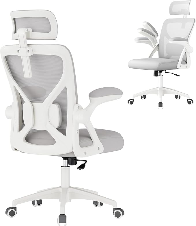 VASAGLE Ergonomic Mesh Office Chair with Adjustable Lumbar Support and Headrest, 90-105° Tilt Function, Wide Seat, Flip‑Up Armrests, Computer Desk Chair for Home Office, Dove Gray UOBN044GD01S