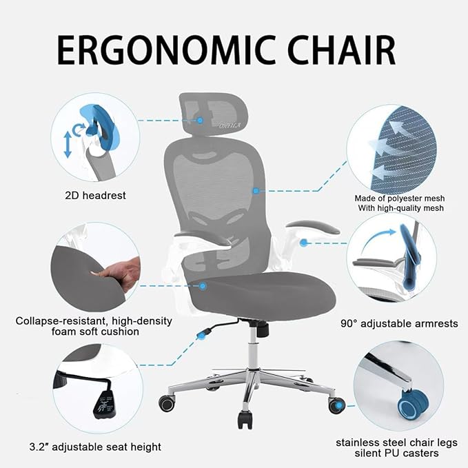 Office Chair, Ergonomic Breathable Mesh Chair,Flip-Up Arms and Adjustable High Back Lumbar Support,Comfy Computer Chair for Home Office (Grey, 407)