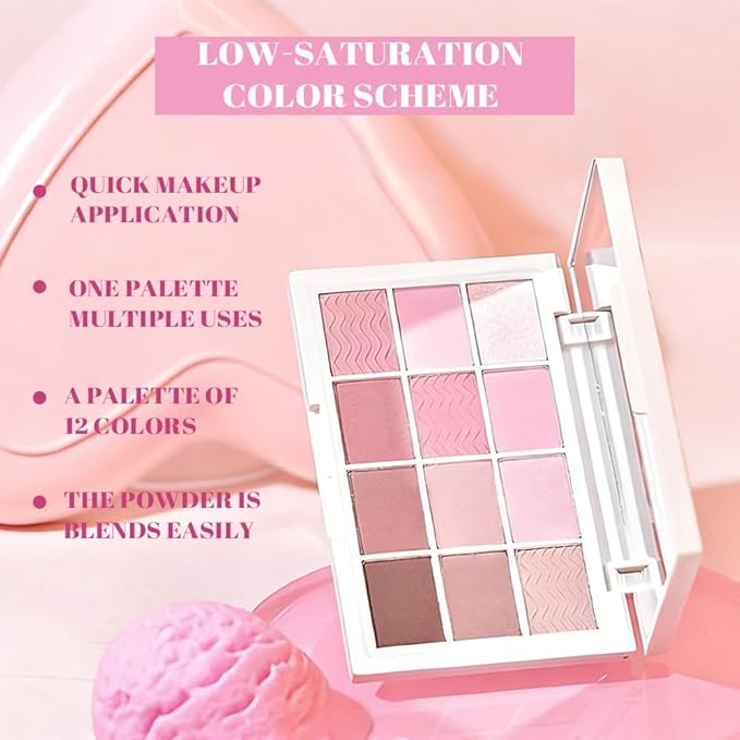 SUAKE 12 Colors Matte Shimmer Eyeshadow Palette for Eye Makeup,with Mirror, Nude Brown Pink Peach, High Pigmented Tan Gray Eye Shadow Primers Powder Palet de sombras de ojos