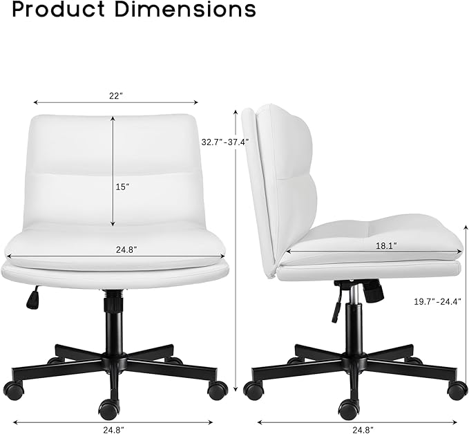 PUKAMI Criss Cross Chair,Comfy Cross Legged Office Desk Chair No Wheels,Modern Fabric Swivel Adjustable Height Mid Back Wide Seat for Home Office Computer (Pu White with Wheels)