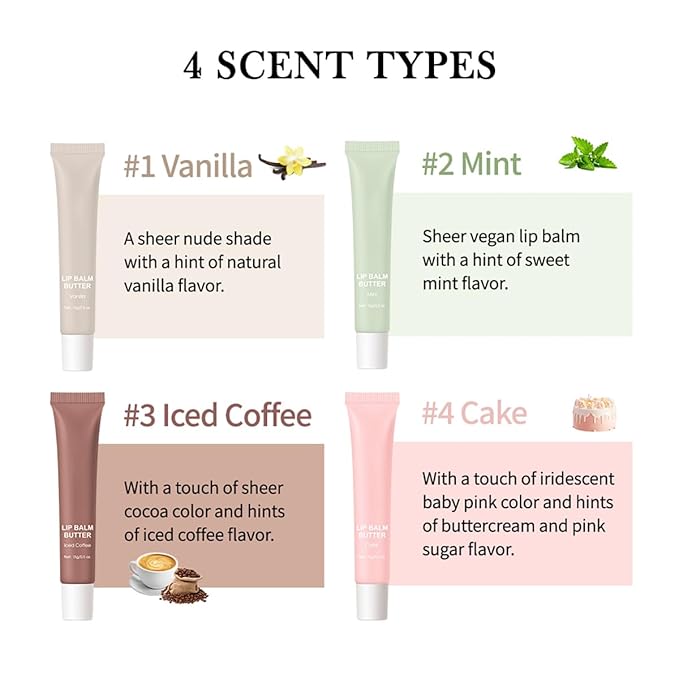 4 Flavors Lip Glossy Butter Balm Lip Tint Hydrating Lip Gloss Ultra-Hydrating & Nourishing Lip Care with Natural Ingredients (4 Color)