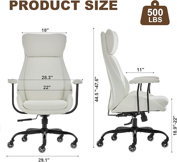 Office Chair, Leather Desk Chair with Rubber Wheels, Ergonomic Computer Chair 500 LBS with Lumbar Support, High Back Executive Chair for Modern Home Office, White