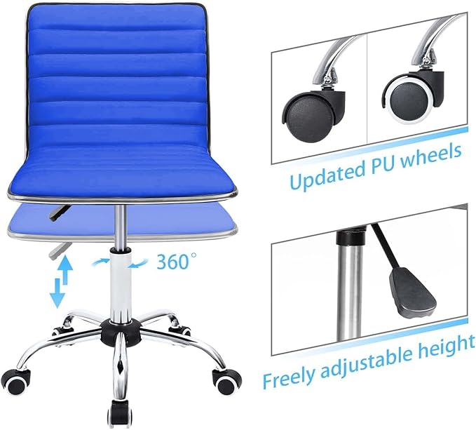 Furmax Vanity Office Desk Chair with Wheels, Armless Small Cute Leather Makeup Computer Task Chair Adjustable Height 360° Swivel (Blue)
