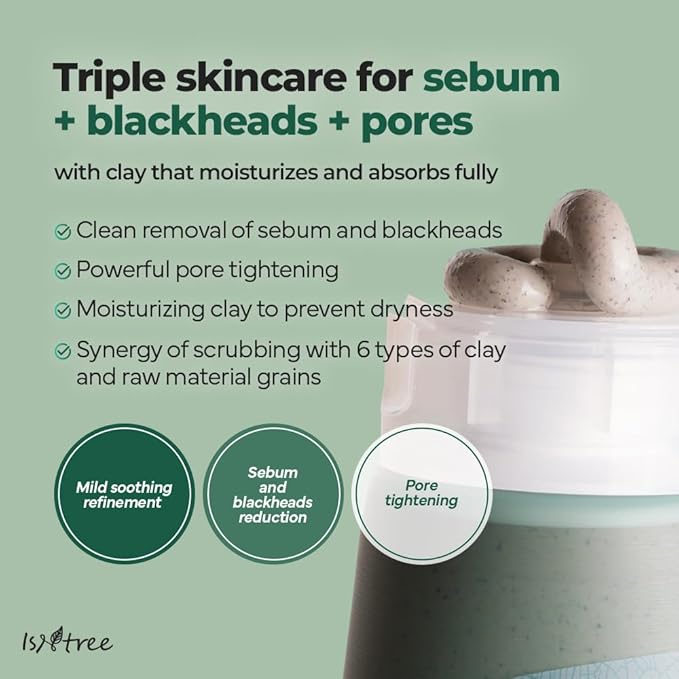 IsNtree Mugwort Calming Clay Mask 100ml, 3.38 fl.oz | Korean Skincare | Deep Pore Cleansing & Sebum Control | Soothing Wash-Off Mask for Sensitive Skin | Exfoliates & Refines Texture