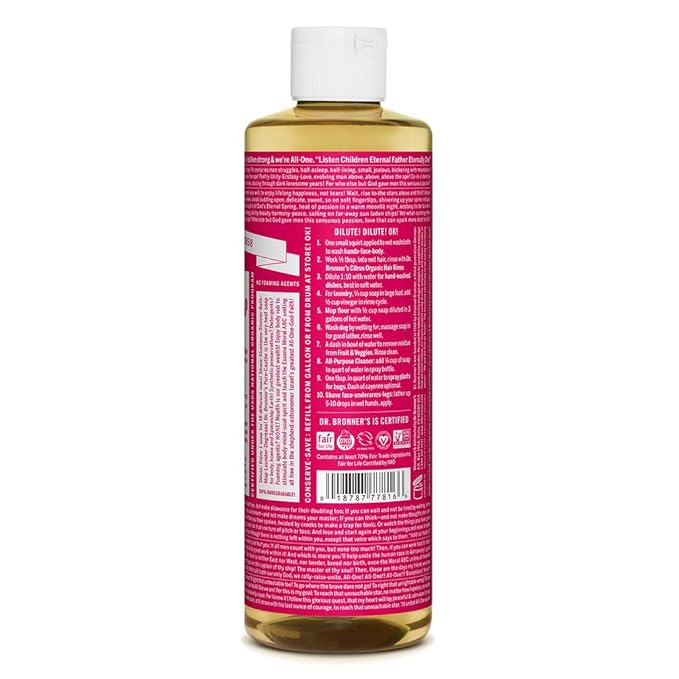 Dr. Bronner's - Pure-Castile Liquid Soap (Rose, 16 ounce) - Made with Organic Oils, 18-in-1 Uses: Face, Body, Hair, Laundry, Pets and Dishes, Concentrated, Vegan, Non-GMO