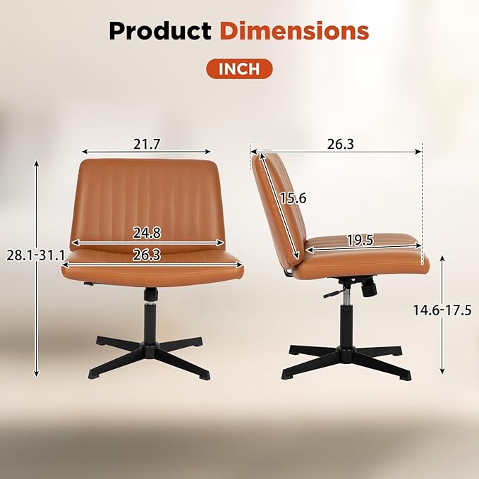 PayLessHere | Criss Cross Chair | Brown | Wide, Armless Desk Chair Without Wheels | 360 Swivel, Height Adjustable & Stable Metal Base | for Office, Home Office, Vanity Seating