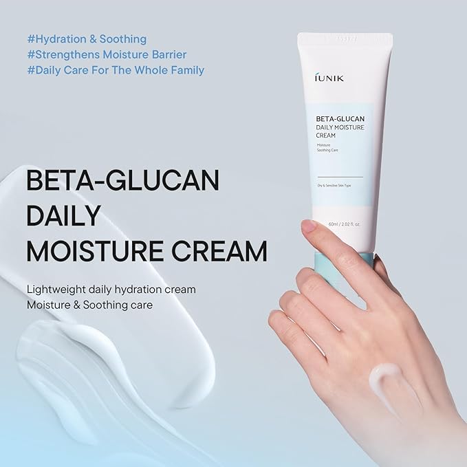 IUNIK Beta-Glucan Moisture Cream – Deep Hydrating Face Moisturizer for Dry & Sensitive Skin, Lightweight Non-Sticky Watery Cream, Skin Barrier Korean Skincare, 60ml / 2.02 fl oz