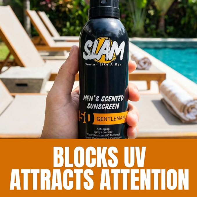 SLAM WoodsMan Men's Scented Sunscreen Spray SPF 50 – Broad Spectrum Sun Screen for Face & Body, Waterproof & Sweat Resistant Spray Sunscreen SPF 50, UVA/UVB Protection, Mens Sunblock