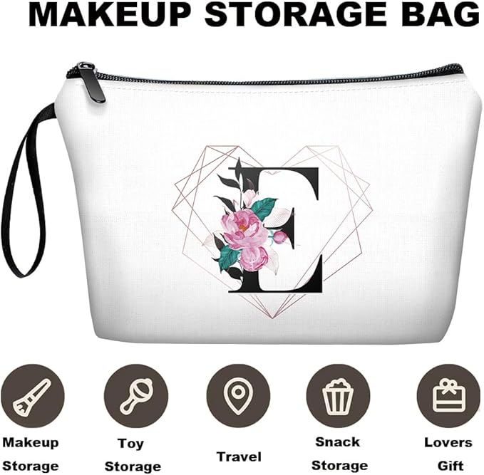 Personalized Initial E floral Makeup Bag set with Mirror for Women,White Ietter E Bride Bridesmaid travel Cosmetic bag kit with10 pieces pink brush set,Initial Gifts for Girls Mom femal Friends