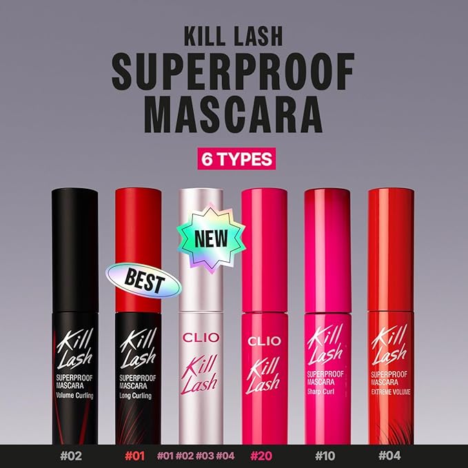 CLIO Kill Lash Superproof Mascara, Waterproof Lengthening Mascara with Precision Curved Brush, Soft Separated Curl, Smudge-Resistant Long Wear, Clean Flexible Definition (020 Bouncy Lash)