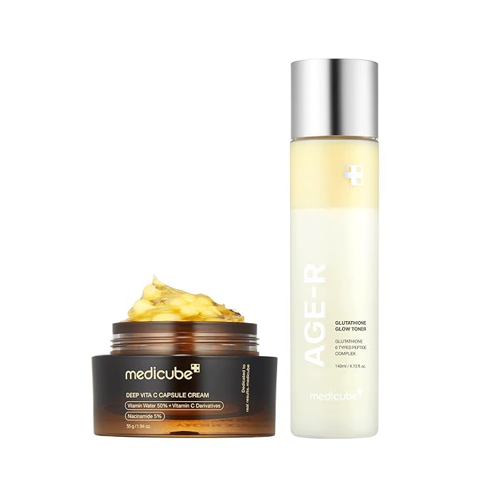 medicube All Over Glow Skin Duo: Deep Vitamin C Golden Capsule Face Moisturizer and Age-R Glutathione Glow Milky Toner