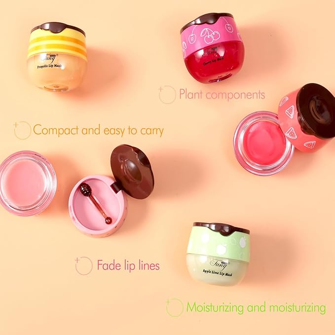 4 PCS Bee Lip Balm Honey Pot,Lip Mask Propolis Moisturizing,Prevention Dry and Cracked Lip Scrubs Exfoliator Lip Wrinkle Skin Care Products (Honey & Cherry & Mint & Strawberry)