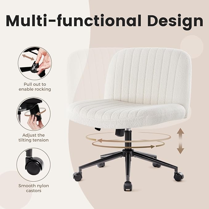 IWMH Criss Cross Chair Cross Legged Office Chair with Wheels Armless Wide Seat Desk Chairs Height Adjustable Computer Task Chairs Swivel Vanity Chair for Home Office Bedroom Make Up Teddy Fabric White