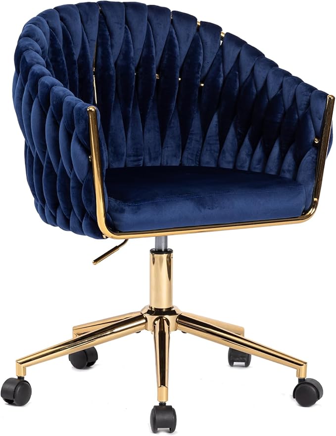 Velvet Office Chair with Back, Vanity Chairs with Wheels, 360° Swivel Velvet Home Office Desk Chair, Accent Chair Makeup Vanity Chair for Bedroom, Living Room(Blue)