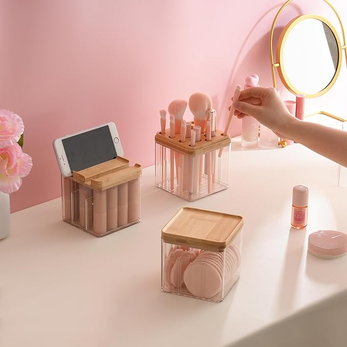 Makeup Brush Holder Comb with Cover Makeup Containers Organizers Set Makeup Holder Box Cosmetic Case With Lid Waterproof Dustproof Beauty Skincare Organizer Bathroom Vanity Countertop,Gift,Clear,3PCS