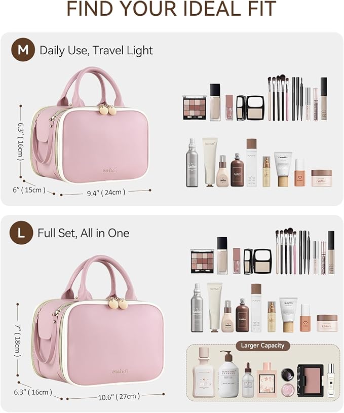 Prite Makeup Bag for Women, Large Capacity Waterproof Travel Cosmetic Organizer, Portable Open Flat Toiletry Bag with Free-standing Brush Holder and Handle(Pink Medium)