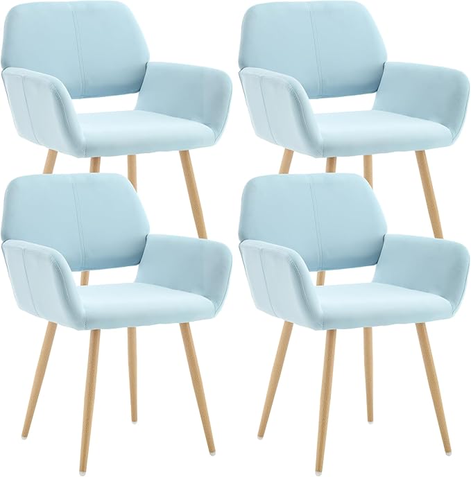 KCC Small Modern Dining Room Arm Chairs Set of 4, Mid-Century Upholstered Velvet Side Seat Club Guest with Metal Tube Legs for Kitchen, Living Room, Blue