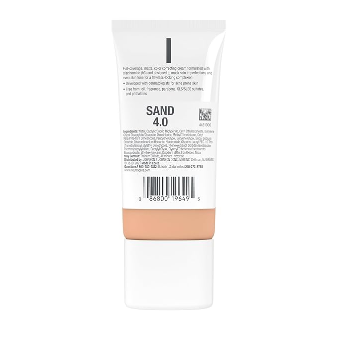 Neutrogena Clear Coverage Flawless Matte CC Cream, Full-Coverage Color Correcting Cream Face Makeup with Niacinamide (b3), Hypoallergenic, Oil Free & Fragrance Free, Sand, 1 oz