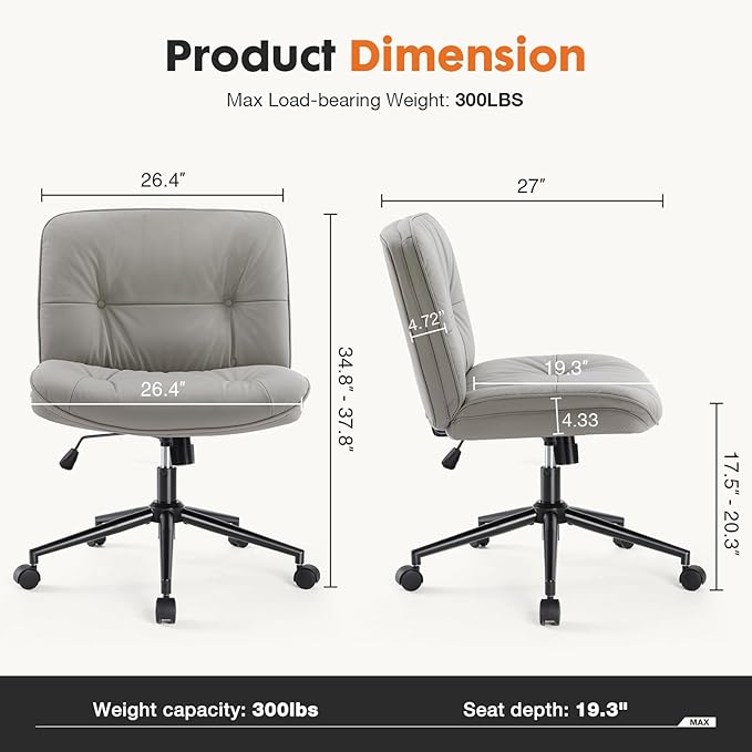Sweetcrispy Criss Cross Chair with Wheels, Wide Seat PU Leather Armless Office Desk Vanity Chair, Comfortable Adjustable Swivel Computer Task Chairs for Bedroom, Small Space Make Up, Grey